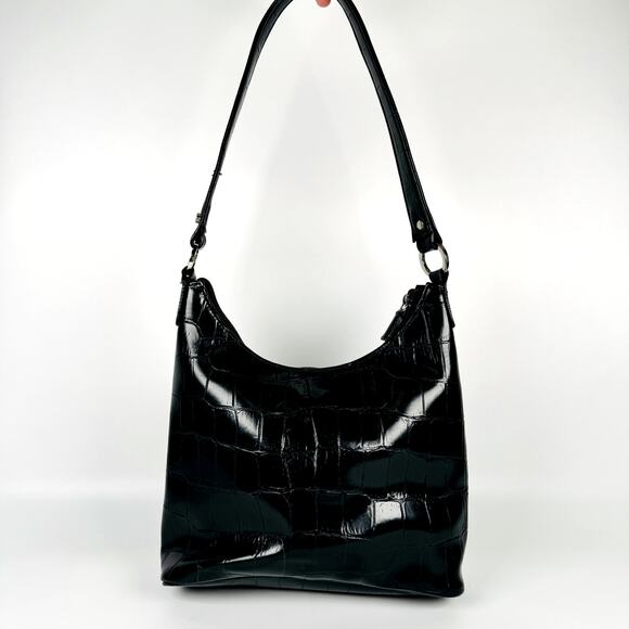 Nine & Company Women's Shoulder Bag Black Crocodile Print Patent Leather Purse - Picture 4 of 9